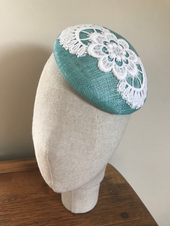 aqua sinamay percher with lace trim. Isabella Josie